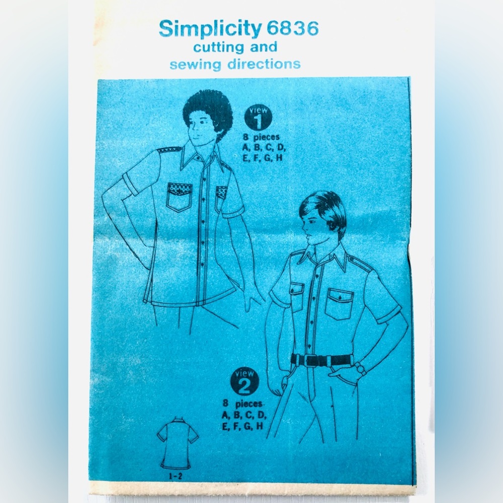 VTG 70s simplicity sewing pattern men's short sleeve shirt epaulets size 38-40